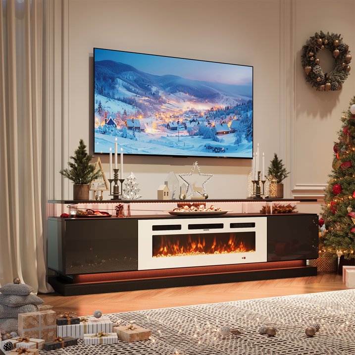 Sonegra Modern Fireplace TV Stand for TVs Up to 80" with Music Sync LED, 70" Entertainment Center with Electric Fireplace, TV Console with Storage Cabinets for Living Room, Black