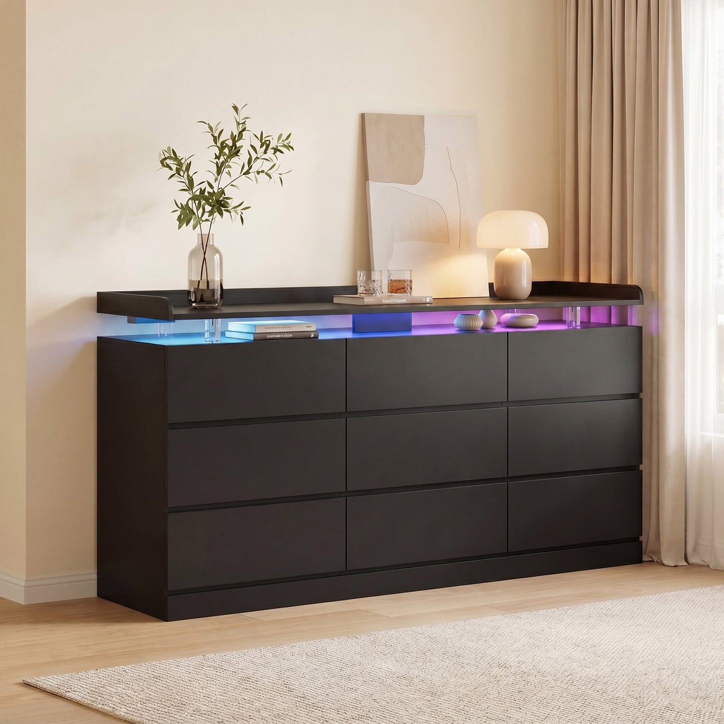 Sonegra 63 Inch 9‑Drawer Dresser, Modern High Gloss Chest of Drawers with LED Light & Glass Tabletop, Large Storage Cabinet for Bedroom Living Room, Black