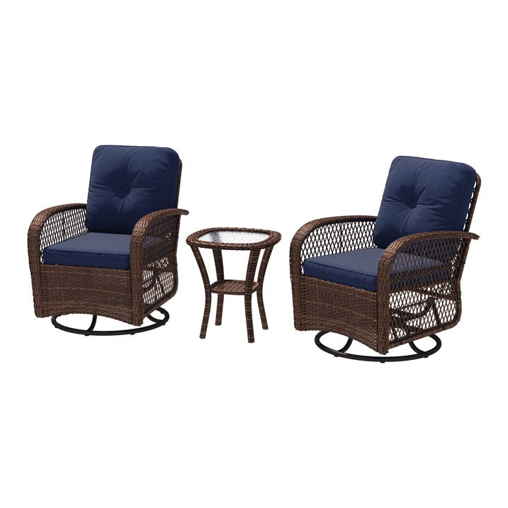 Sunmthink 3-Piece Patio Furniture Set with Swivel Rocking Chairs and Side Table, Thickened Cushions Outdoor Wicker Bistro for Porch Deck Backyard (Blue)