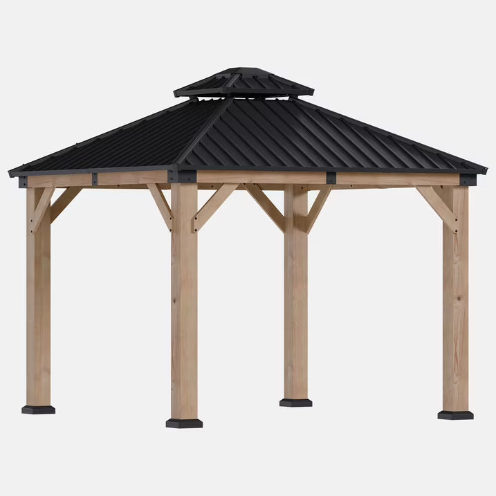 Clouddwell 10*10FT Upgraded Cedar Gazebo,Cedar Hard Roof Gazebo,with Double-Layer Galvanized Steel Roof,Suitable for Backyard,Desk,and Lawn
