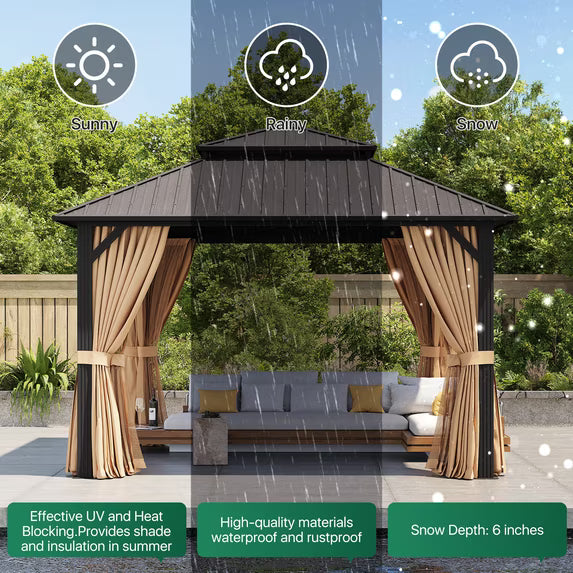 Clouddwell 12' x 12' Gazebo for Patio, Gazebo Pergola with Sloped Roof, Large Wall-Mounted Heavy Duty Awnings, for Deck, Patio and Backyard,Brown