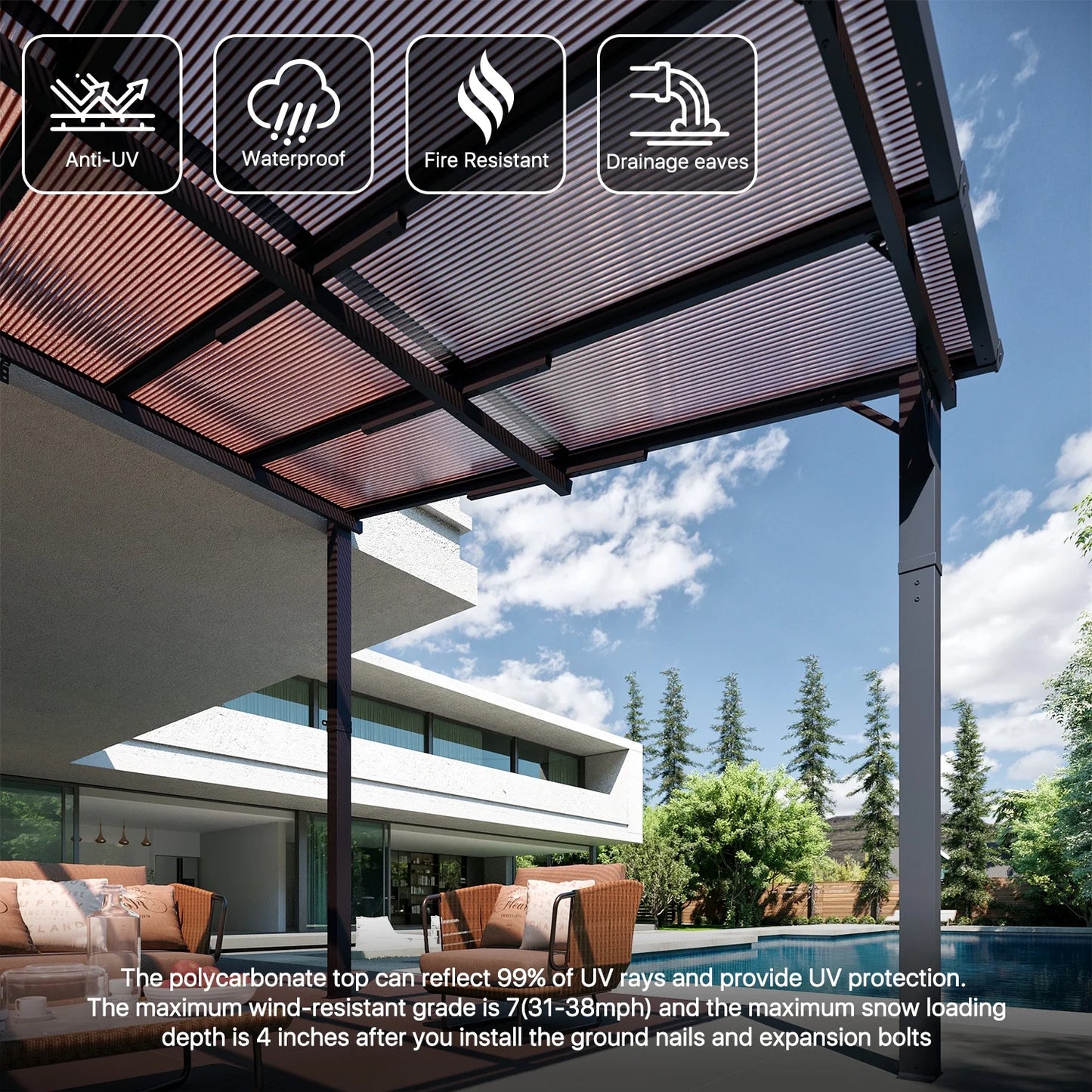 Sumnthink 10'x12' Hardtop Gazebo, Gazebo Pergola with Sloped Roof, Large Wall-Mounted Heavy Duty Awnings, for Patio, Deck and Backyard