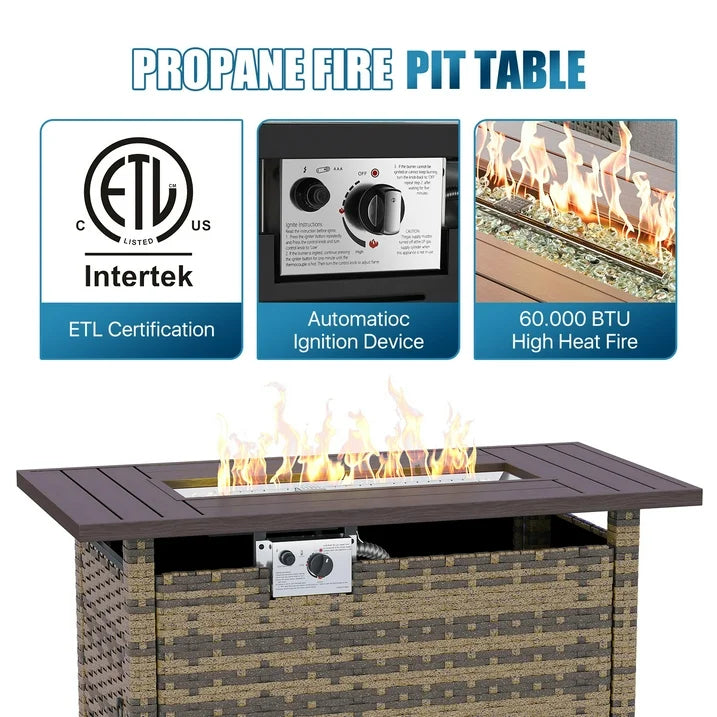 Sunmthink Patio Furniture Sets, 15-Piece Outdoor Patio Furniture with 44'' Propane Gas Firepit Table, Wicker Outdoor Conversation Set and Waterproof Cover for Backyard, Poolside, Garden