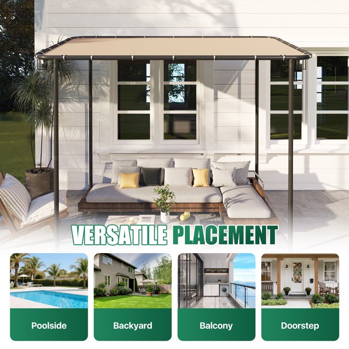 Clouddwell 10×6 FT Wall-Mounted Sloped Roof Outdoor Pergola Canopy, Water-Resistant & UV-Resistant Metal Patio Gazebo for Backyard Garden Porch in Khaki