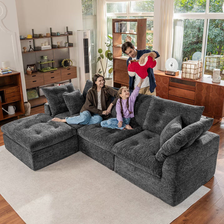 Sonegra 112" Oversized Modular Sectional L Shaped Sofa, Wide & Deep Seat Boneless Cloud Couch With Multi-Purpose Round Pillow, No Assembly (Grey)