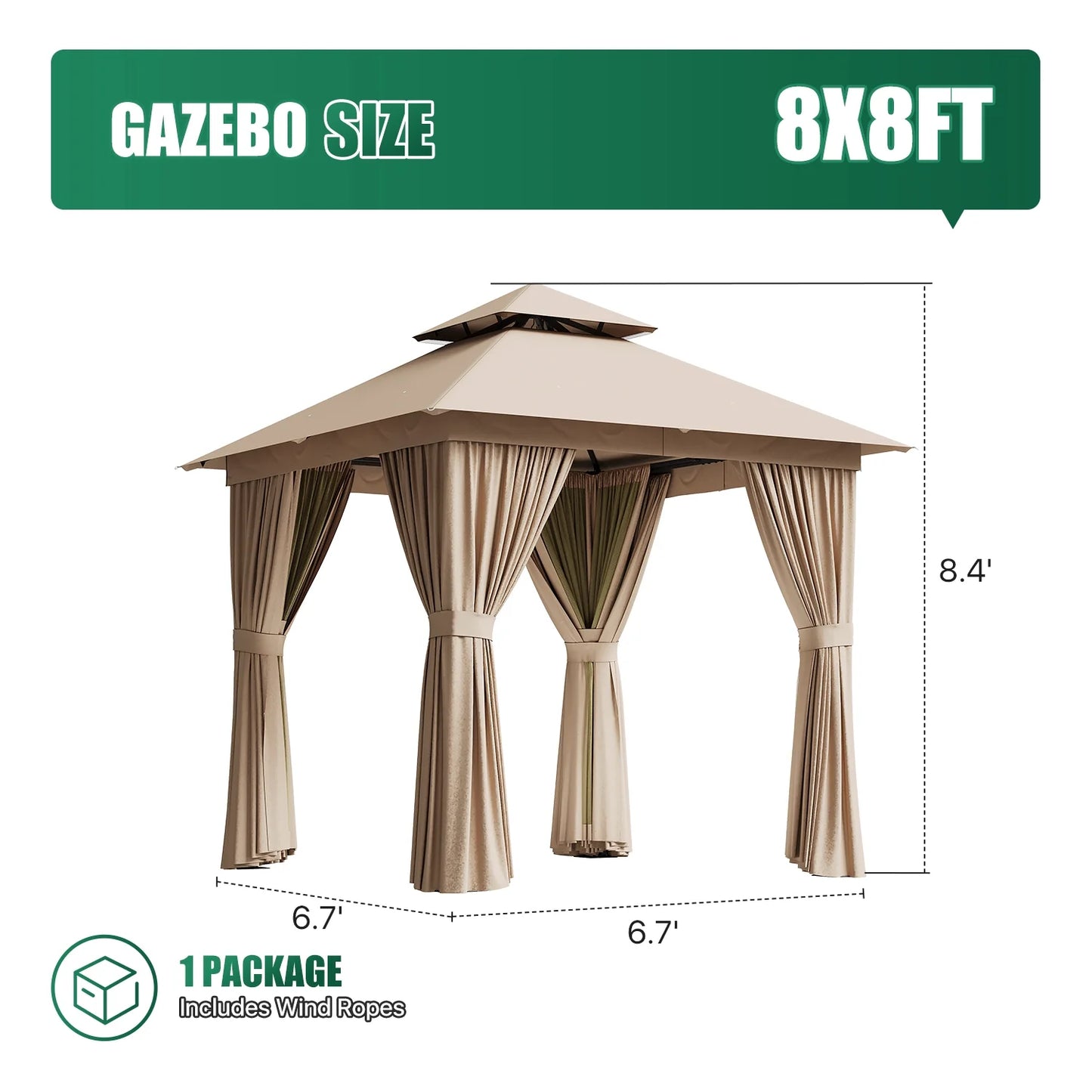 Clouddwell 8'x 8' Patio Gazebo Double Roof Protection All-Weather Outdoor Shelter Features Insect Screens & Privacy Curtains Ideal for Backyard, Lawn, (Beige)