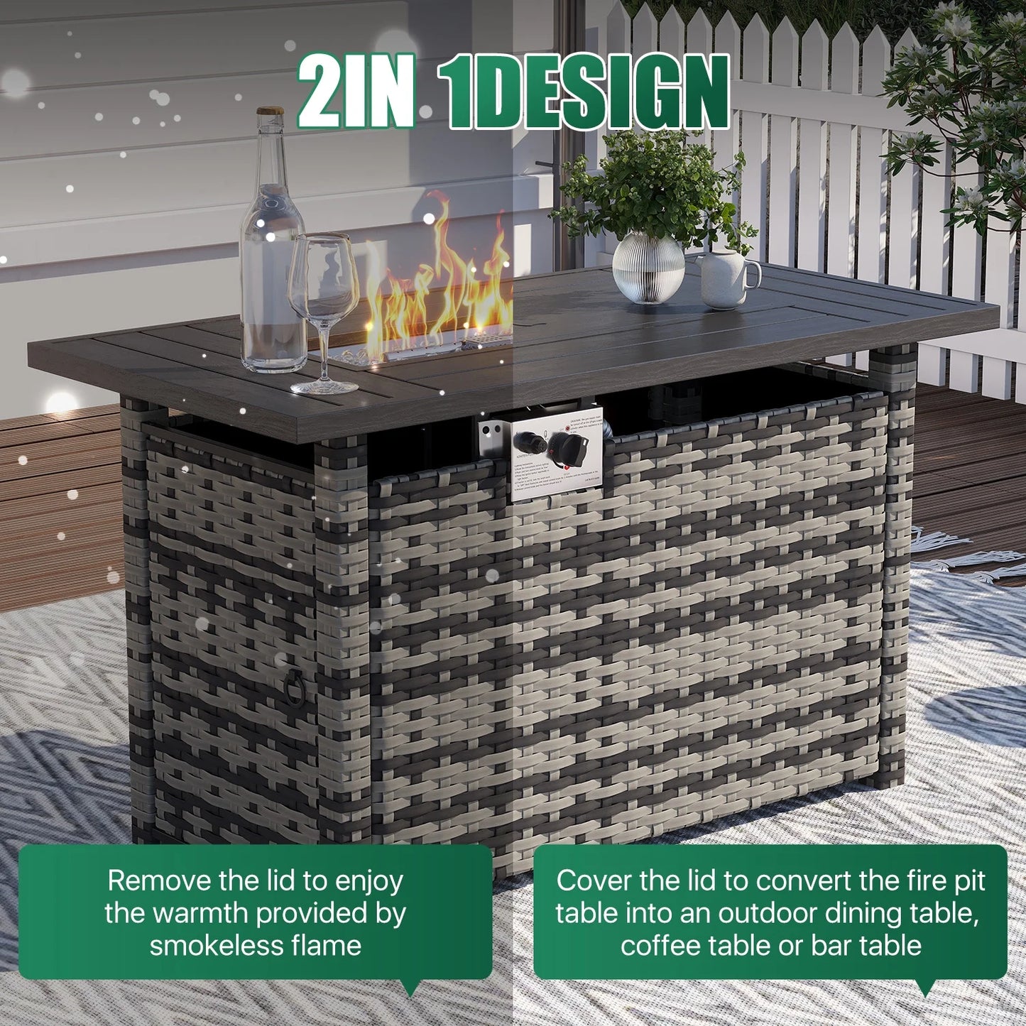 Clouddwell 15 Piece Patio Furniture Set with 44” Fire Pit Table Wicker Rattan Patio Conversation Set Outdoor Sectional Sofa Set with Coffee Table and Black Cushions(Waterproof Cover Included)