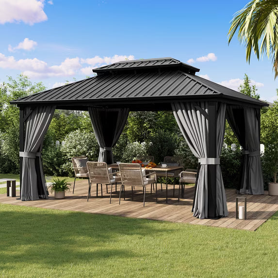 Dateyes 12x16 FT Outdoor Hardtop Gazebo, Aluminum Frame Gazebo with Removable Mesh Walls and Curtains for Patio, Lawns, Gray