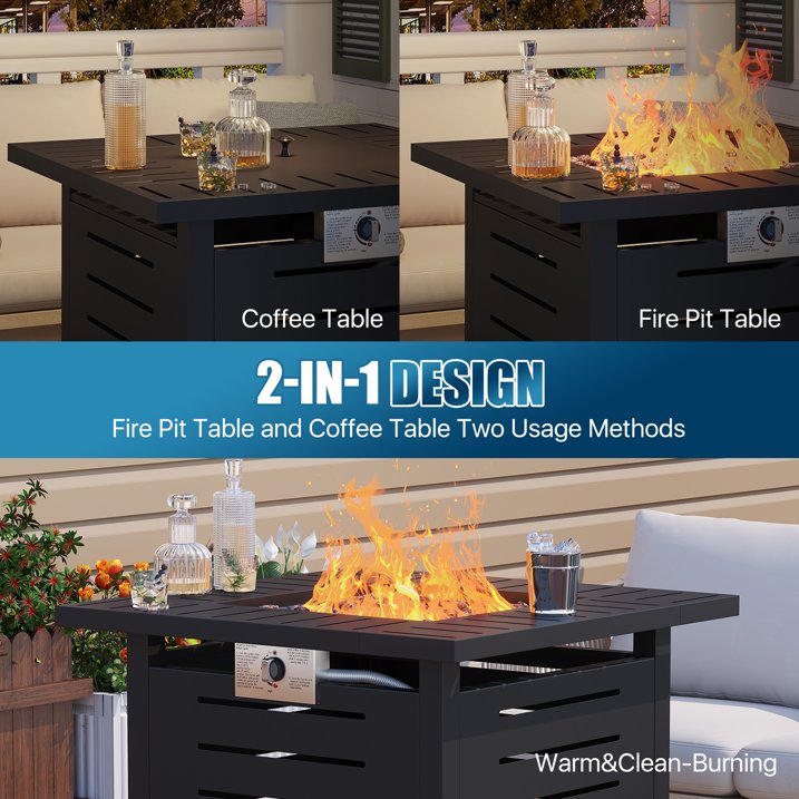 Sunmthink 28" Propane Fire Pit Table, 50,000 BTU Auto Ignition Steel Gas Fire Pit with Removable Lid & Waterproof Cover for Patio, Backyard, Black