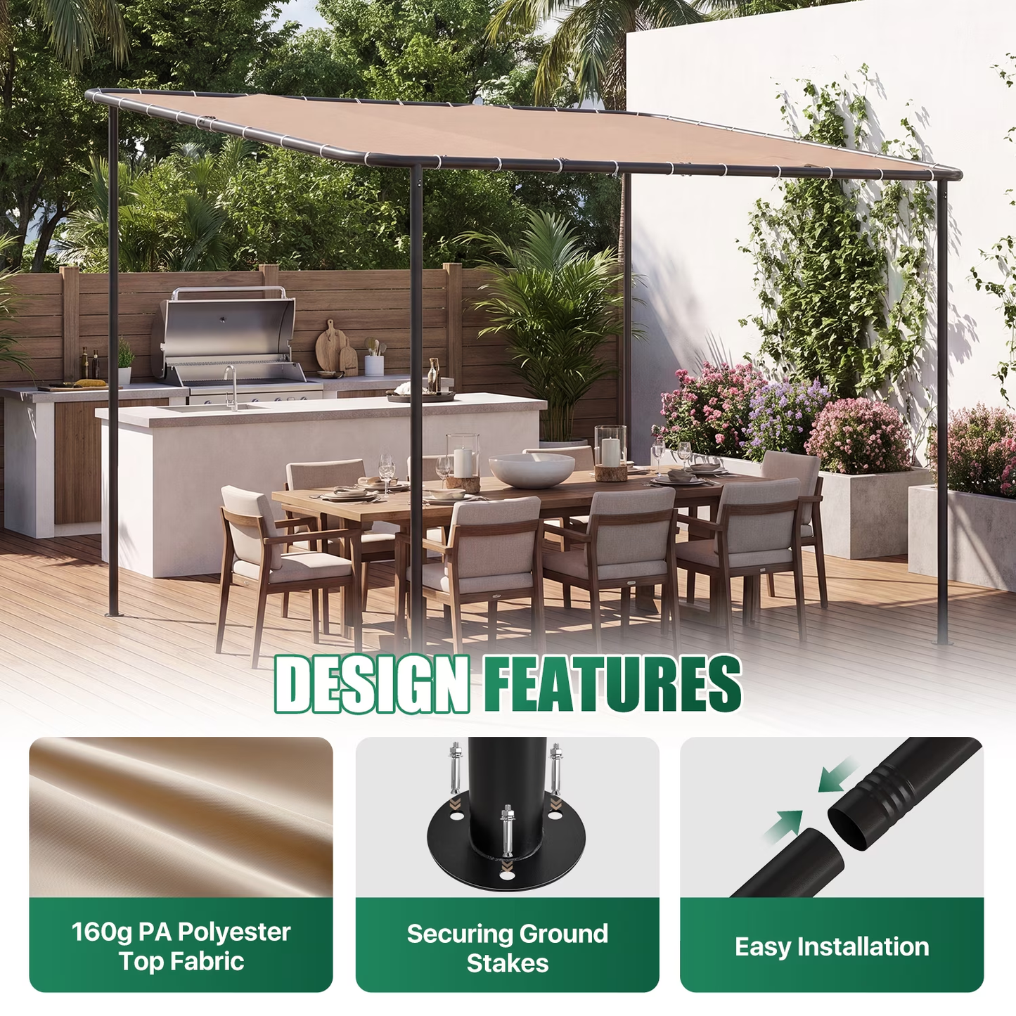 Clouddwell 8×10 FT Wall-Mounted Sloped Roof Outdoor Pergola Canopy, Water-Resistant & UV-Resistant Metal Patio Gazebo for Backyard Garden Porch in Khaki