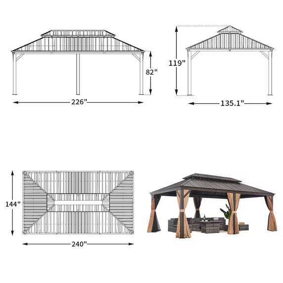 Aoxun 12'x20' Hardtop Gazebo, Outdoor Steel Double Roof Canopy, Aluminum Frame Permanent Pavilion with Curtains and Netting, Sunshade for Garden, Patio, Lawns