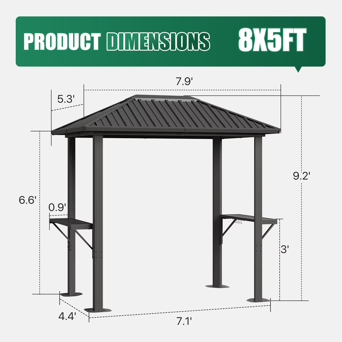Dateyes 5' x 8' Grill Hardtop Gazebo,Outdoor BBQ Pavilion with Galvanized Steel Roof, Aluminum Frame, Shelves, for Lawn, Garden, Patio, or Backyard