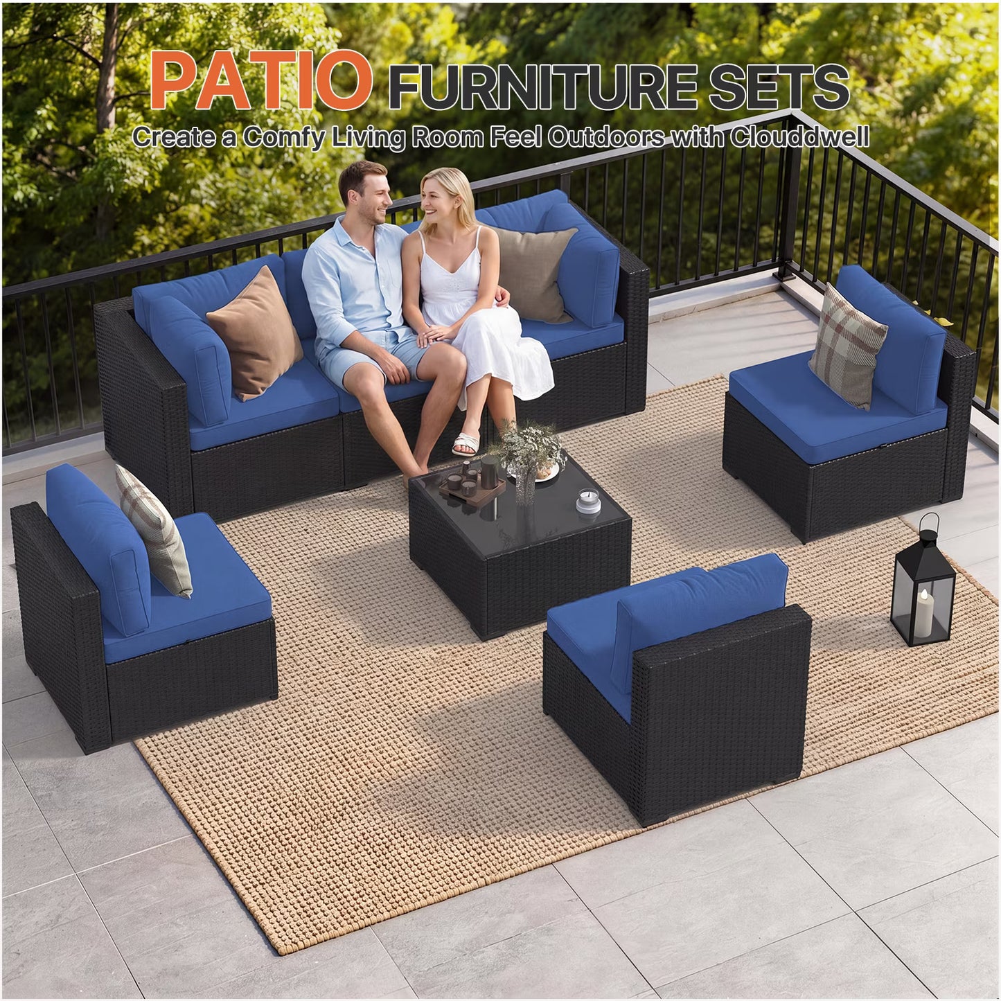 Clouddwell 7 Pieces Patio Furniture Set, All-Weather Wicker Rattan Patio Sectional Sofa Set with Coffee Table (Navy Blue)