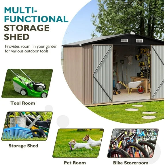 Sunmthink Outdoor Metal Storage Shed, 7.6' x 9.7' x 6.5', Brown