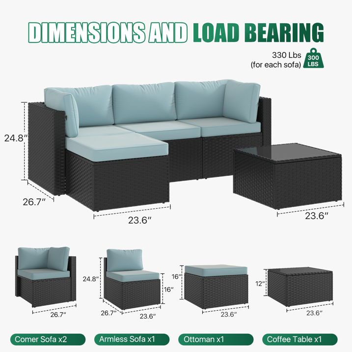 3 Pieces Patio Furniture Set, All-Weather Wicker Rattan Patio Sectional Sofa Set with Coffee Table and Waterproof Cover(Light Blue)
