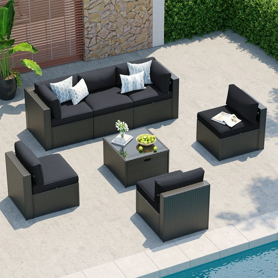 Clouddwell 7-Piece Patio Furniture Set on Sale, Black Rattan Wicker Outdoor Sectional Sofa Couch with Table Patio Conversation Set for Lawn& Backyard,Black