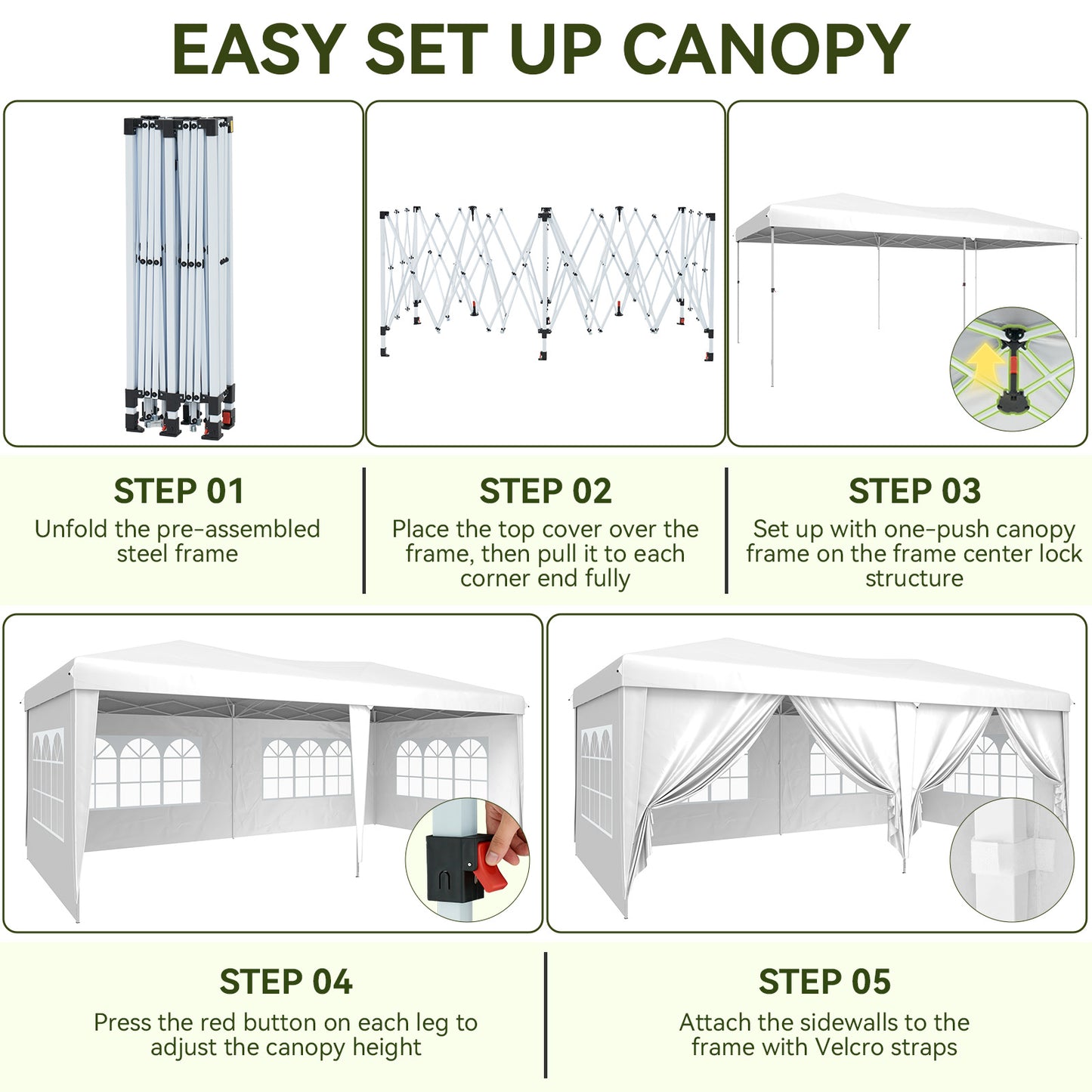 Aoxun 10x20 Pop Up Canopy Tent with 6 Removable Sidewalls, Instant Setup Party Tent Waterproof Outdoor Canopy Featuring 3 Adjustable Heights, Portable Shelter for Parties, Weddings, Commercial