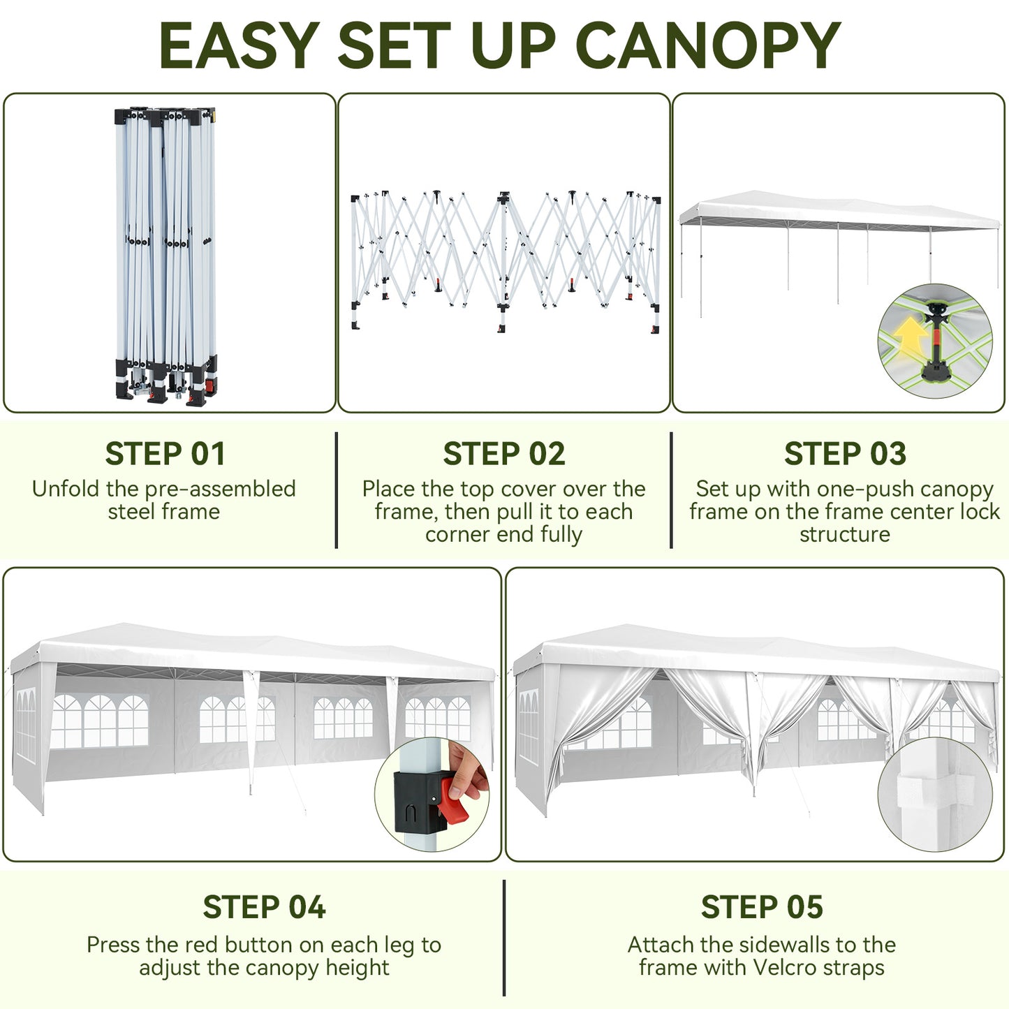 Aoxun 10x30 Pop Up Canopy Tent with 8 Removable Sidewalls, Instant Setup Party Tent Waterproof Outdoor Canopy Featuring 3 Adjustable Heights, Portable Shelter for Parties, Weddings, Commercial