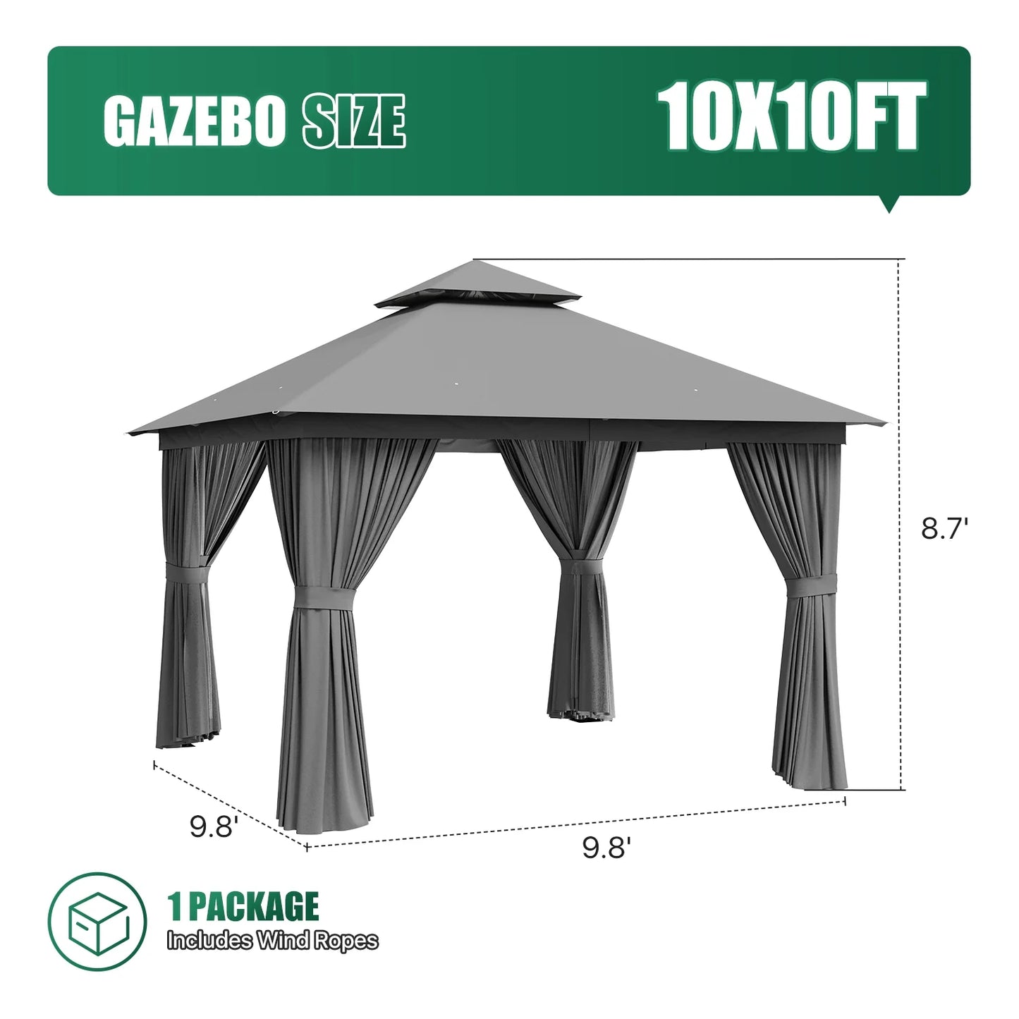 Clouddwell 10'x 10' Patio Gazebo Double Roof Protection All-Weather Outdoor Shelter Features Insect Screens & Privacy Curtains Ideal for Backyard, Lawn, (Gray)