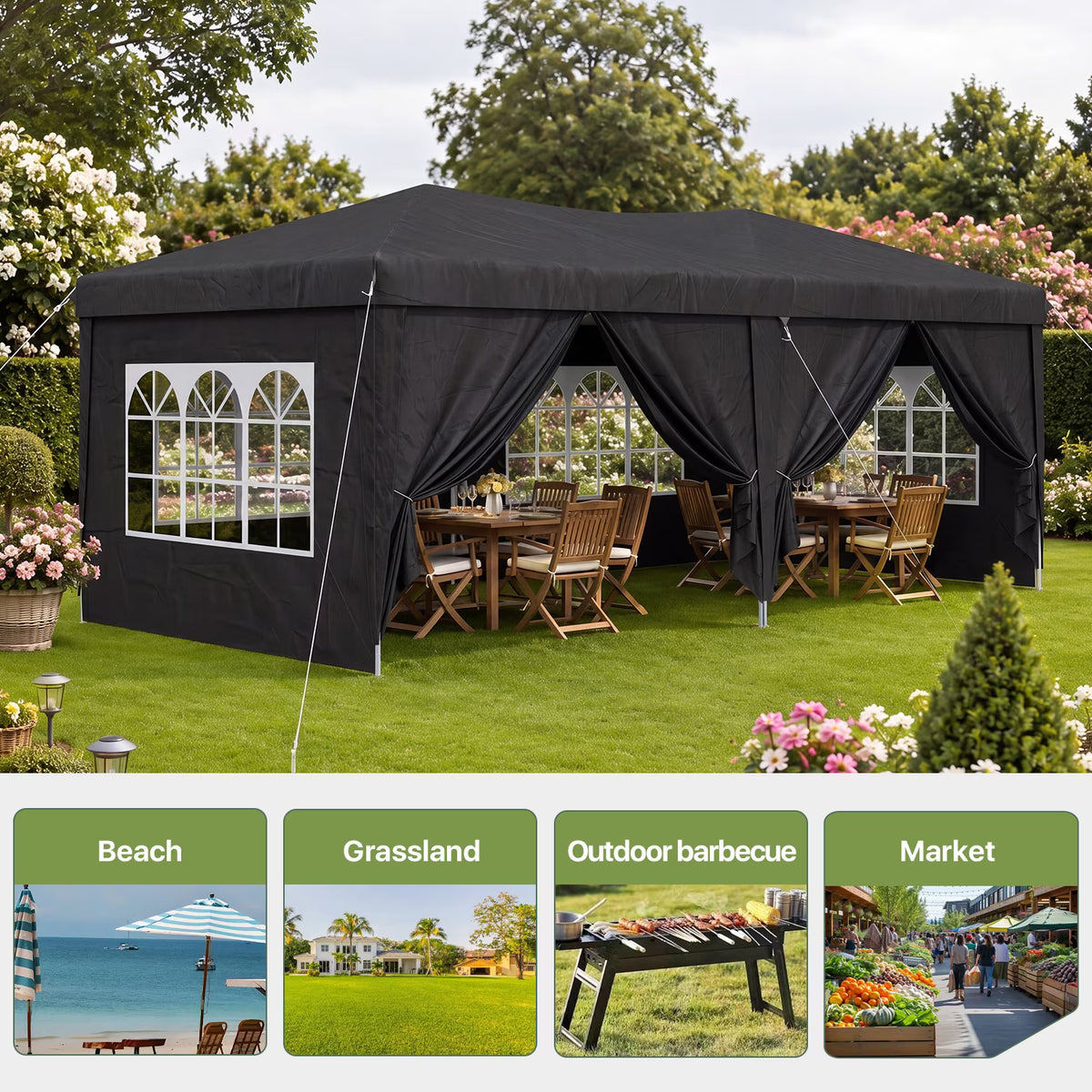 Dateyes 10x20 Pop Up Canopy Tent, Waterproof Party Tent with 6 Removable Sidewalls, 3-Level Height Adjustable Event Tent, Instant Shelter for Wedding, Party, Commercial & Market Events, Black