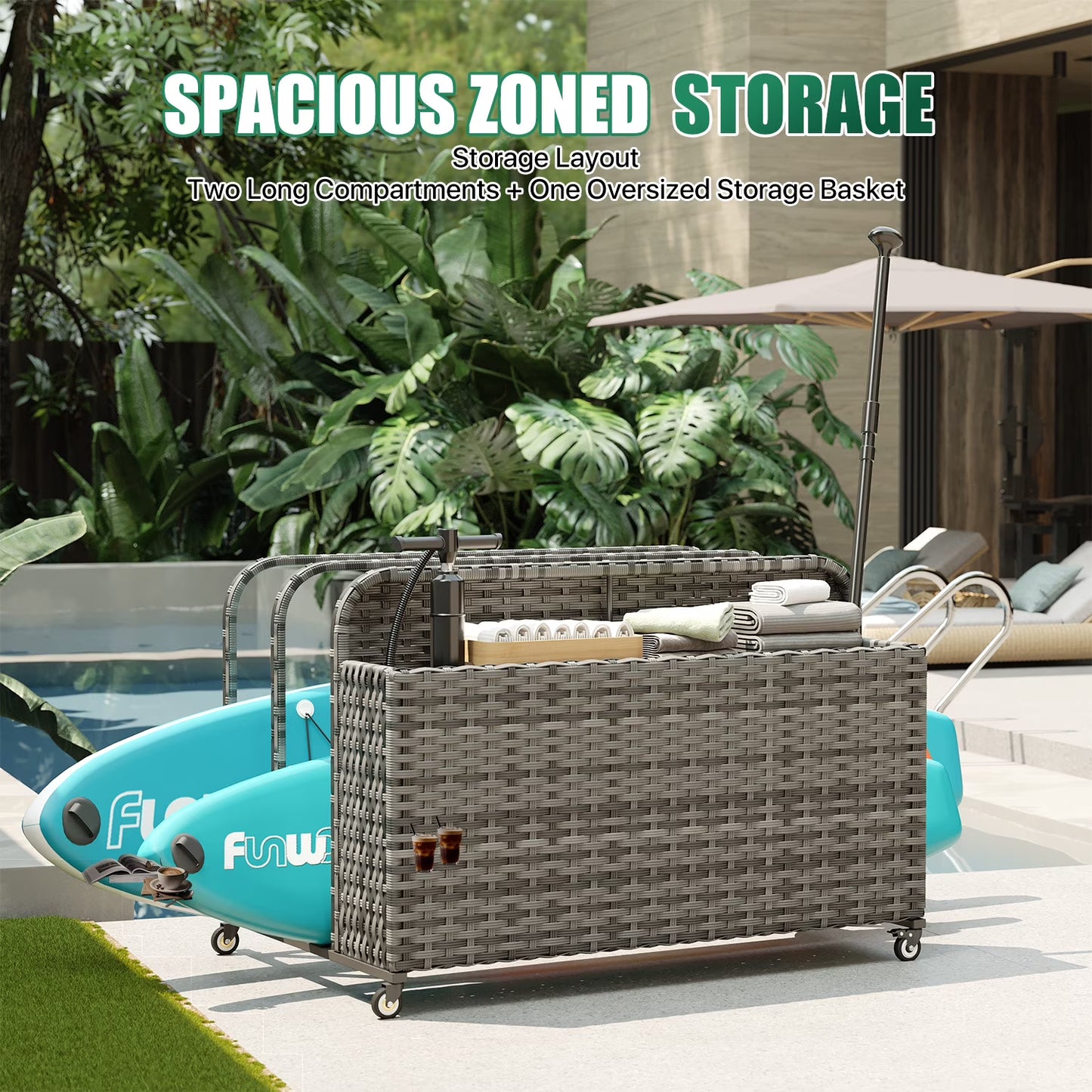 Clouddwell 3-Layer Outdoor PE Wicker Rattan Patio & Poolside Storage Basket with Rolling Wheels, Gray