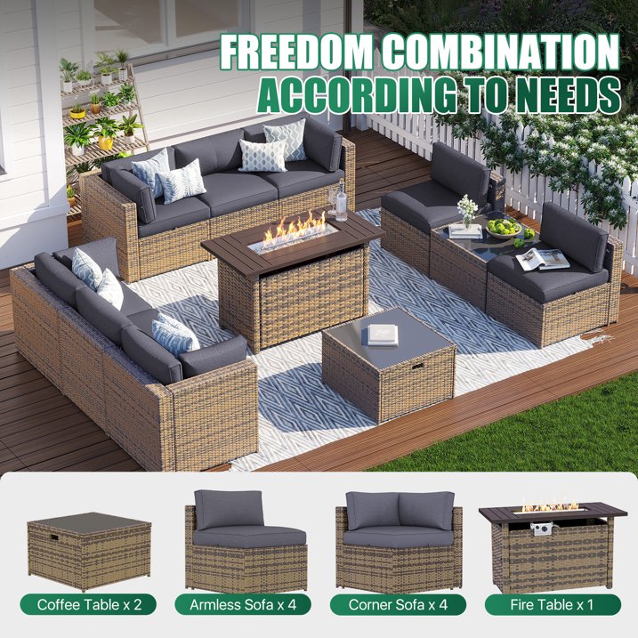 Clouddwell 11 Piece Patio Furniture Set with 44” Fire Pit Table Wicker Rattan Patio Conversation Set Outdoor Sectional Sofa Set with Coffee Table and Gray Cushions(Waterproof Cover Included)