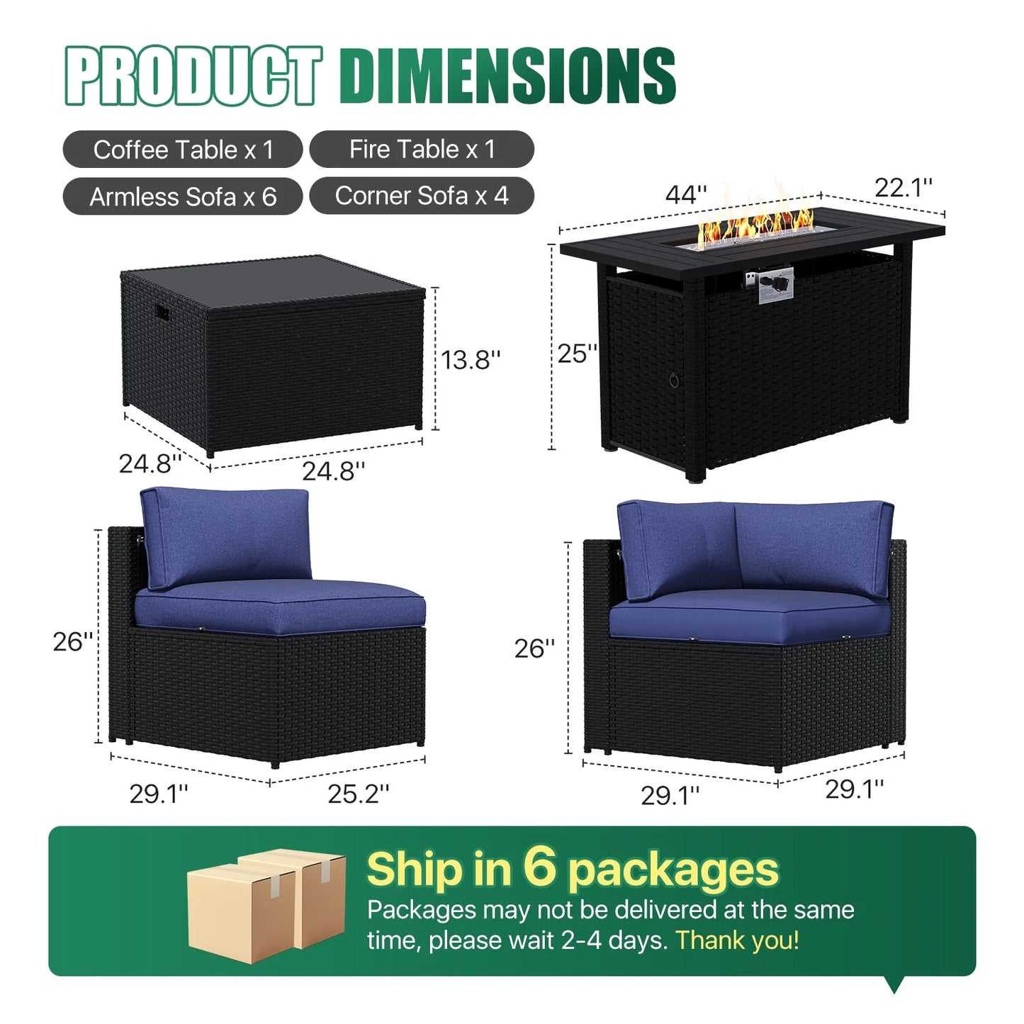 Clouddwell 12-Piece Patio Furniture Set With Fire Table On Sale, Black Rattan Wicker Outdoor Sectional Sofa Couch with Table Patio Conversation Set for Lawn& Backyard,Blue