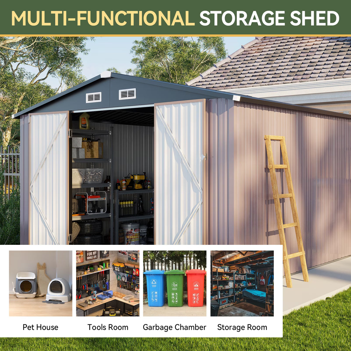 LazySunsets 10 x 8FT Shed Outdoor Storage Shed with Double Door, Large Metal Shed with Lockable Door & Sloped Roof for Garden, Backyard, Patio and Backyard, Brown