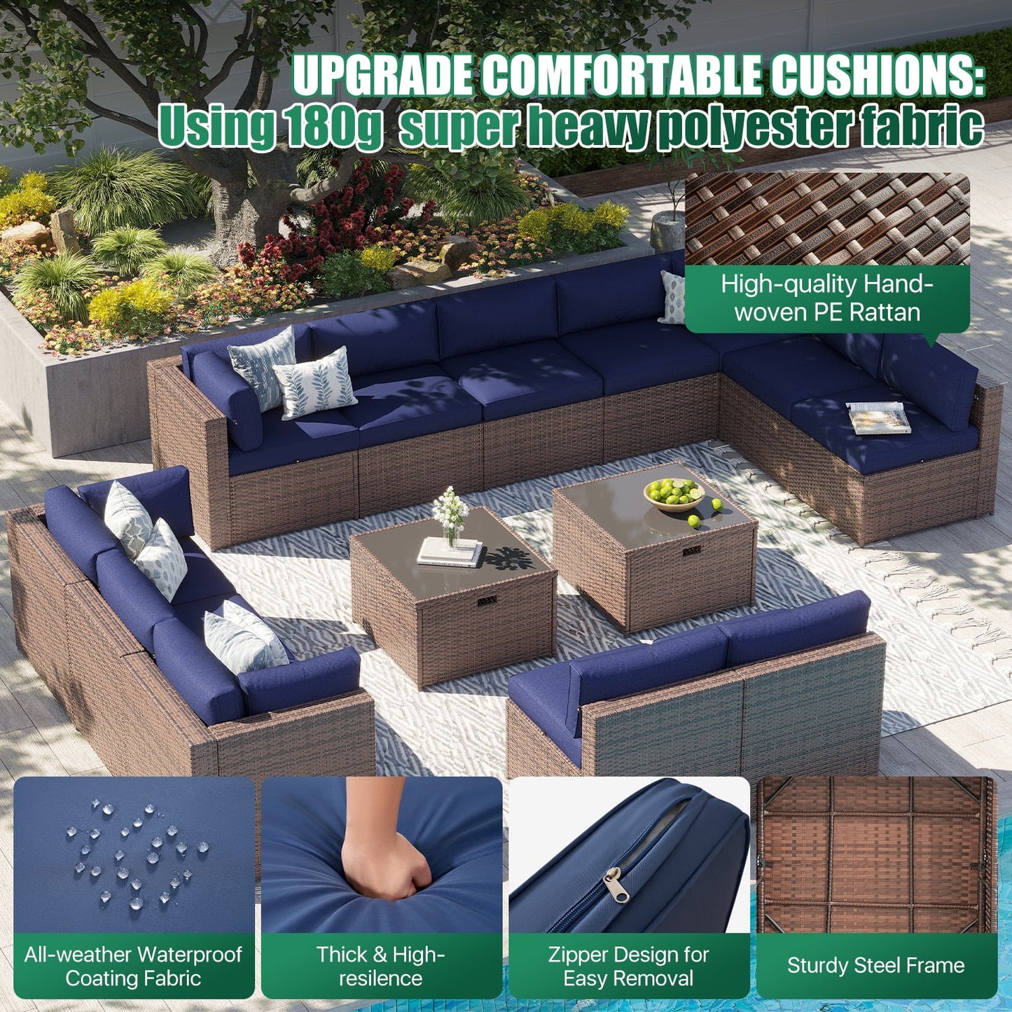 Clouddwell 14 Piece Patio Furniture Set Wicker Rattan Patio Conversation Set Outdoor Sectional Sofa Set with Coffee Table and Blue Cushions