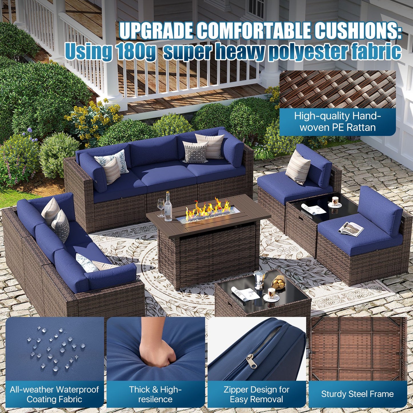 Sunmthink Patio Furniture Sets, 11-Piece Outdoor Patio Furniture with 44'' Propane Gas Firepit Table, Wicker Outdoor Conversation Set and Waterproof Cover for Backyard, Poolside, Garden