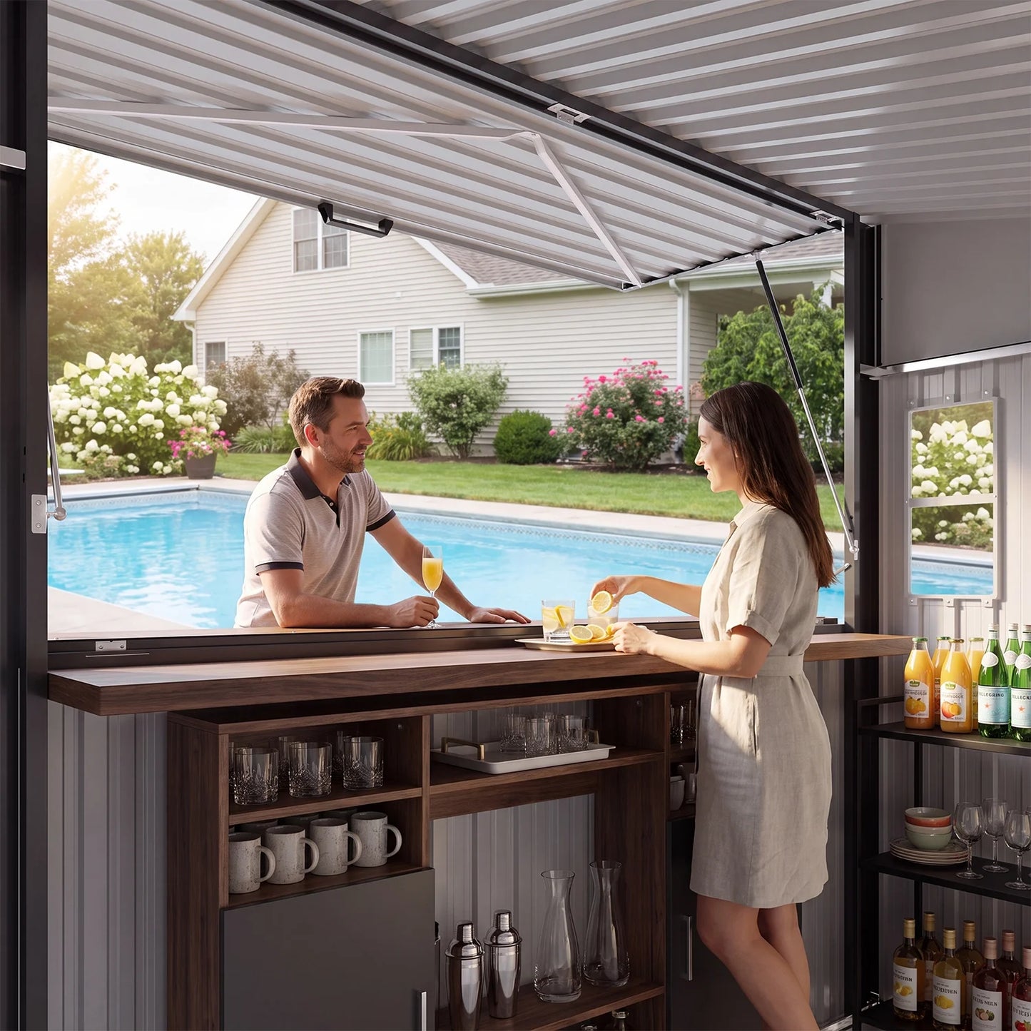 Clouddwell 8'x7' Outdoor Bar Shed with Fold-Down Counter, Metal Storage Shed with 2 Windows, TV Mount, Canopy, Outside Bar for Backyard, Patio, Beach, Commercial, Black