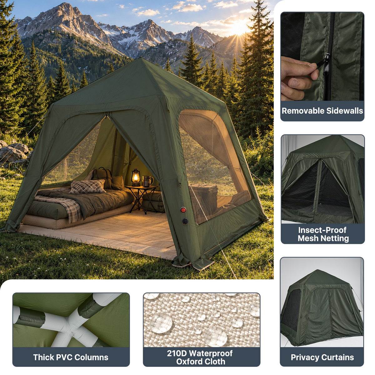 Dateyes Inflatable Camping Tent for 5-7 Person, Quick Blow-up Family Tent, Lightweight Portable Outdoor Shelter for Camping, Beach and Festivals, Green