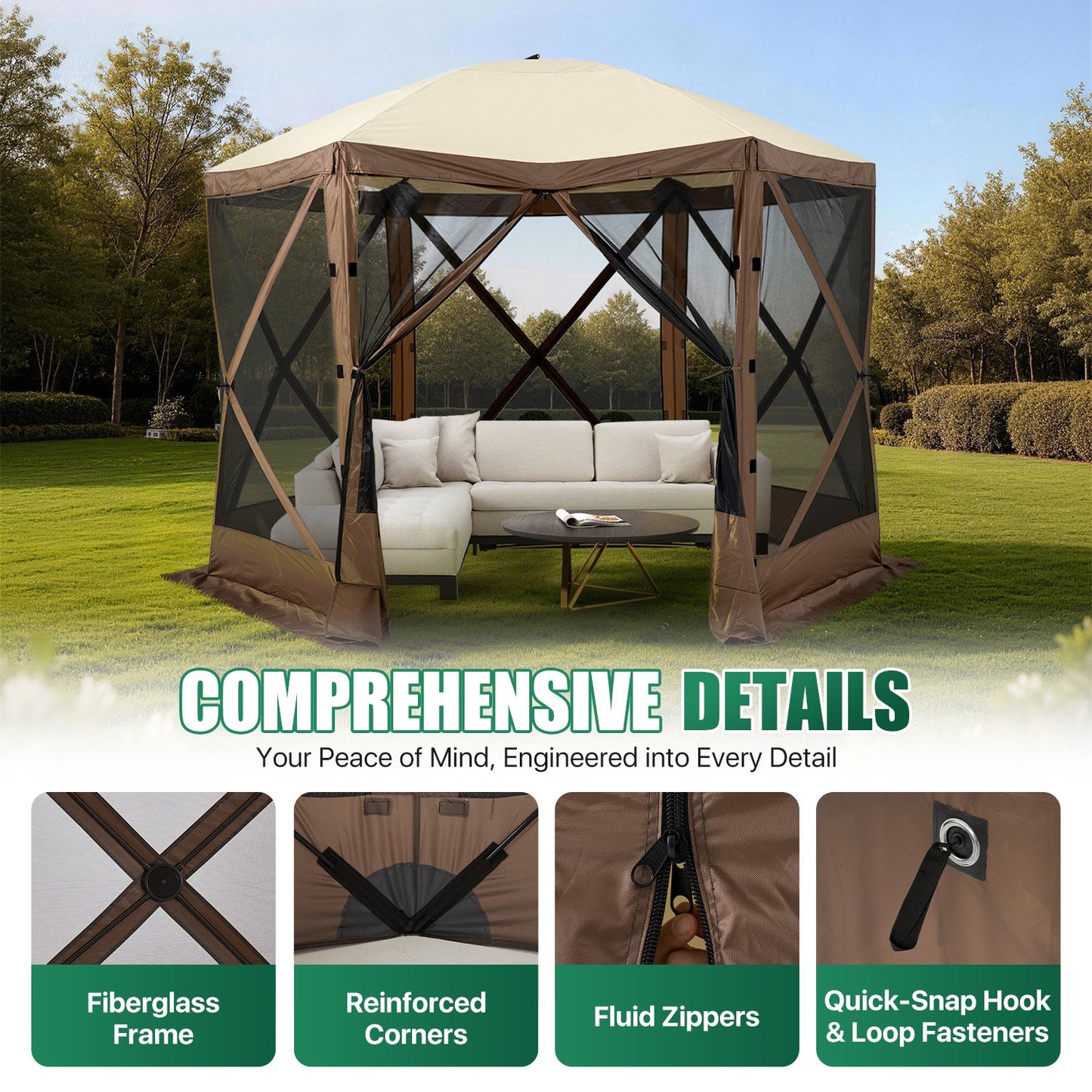 Clouddwell 12x12 FT Outdoor Pop-up Gazebo Tent, 6-Sided Screen Room with Waterproof UV-Blocking Canopy, Includes Carry Bag, Stakes & Ropes, Brown