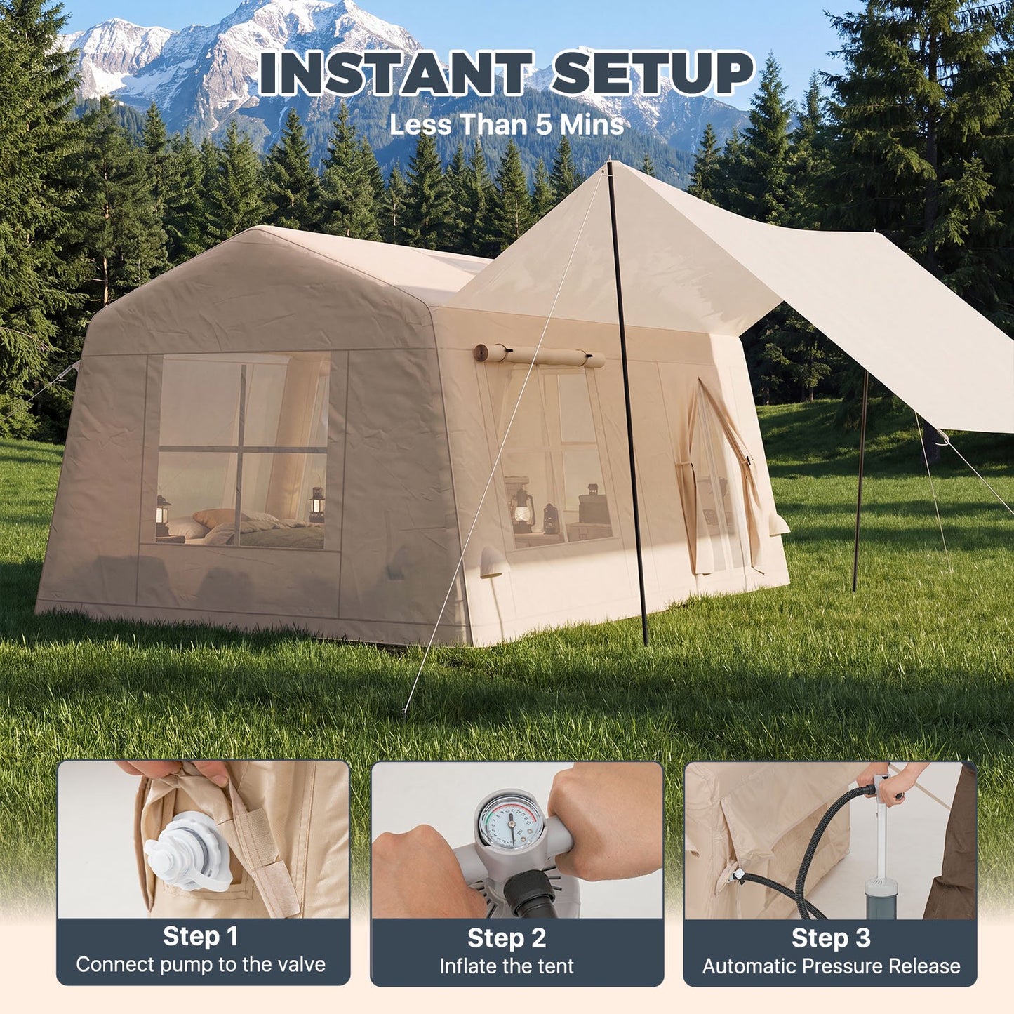 Clouddwell 8-10 Person Inflatable Camping Tent, Blow Up Family Glamping Tent with Skylight & Stove Jack, Waterproof 420D Oxford Air Tent with Hand Pump for Camping, Hiking & All-Season Use