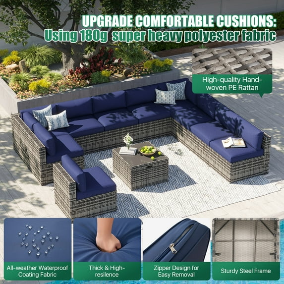 Clouddwell 11 Piece Patio Furniture Set Wicker Rattan Patio Conversation Set Outdoor Sectional Sofa Set with Coffee Table and Blue Cushions(Waterproof Cover Included)