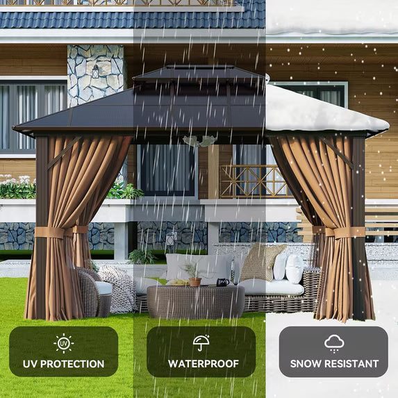 Aoxun 10' x 12' Hardtop Gazebo, Double Polycarbonate Roof Aluminum Frame Gazebo W/Curtain and Netting, and LED Outdoor Waterproof Hanging Lights,Brown