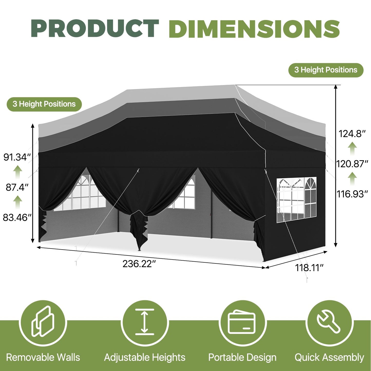 Clouddwell 10'x20' Pop Up Canopy Tent with 6 Removable Sidewalls, Adjustable Height Instant Outdoor Canopy, Portable Sun Shade Shelter with 4 Sandbags, Easy Setup for Parties, Camping, Events, Black
