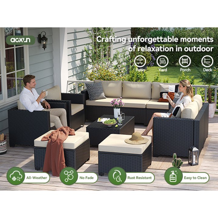 7 Piece Outdoor Wicker Patio Furniture Set, Rattan Sectional Sofa Sets with Beige Cushions