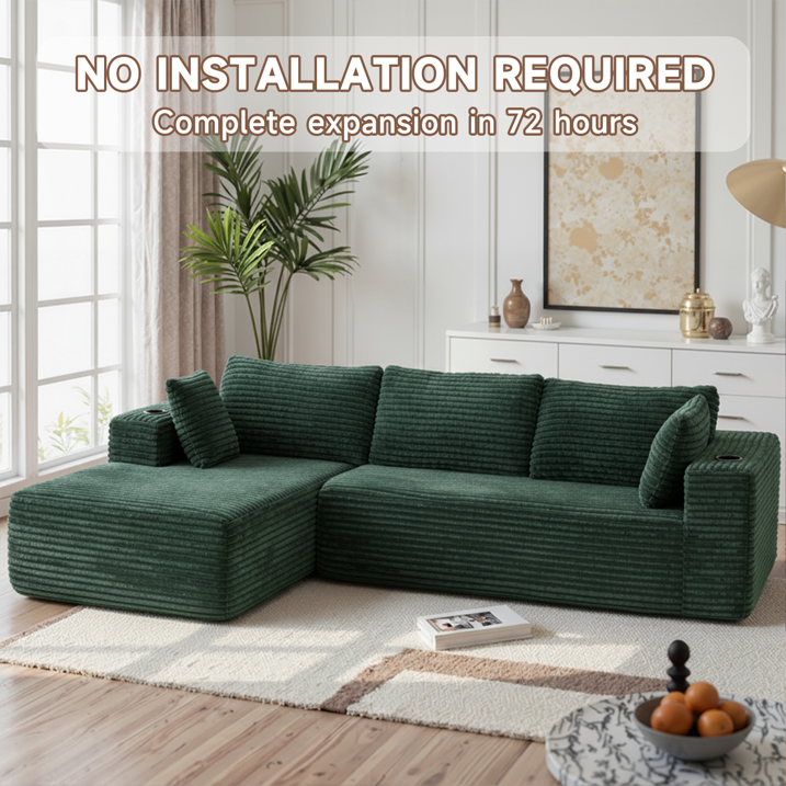 Sunmthink Cloud Couch Corduroy Modular Sectional Sofa L-Shape Boneless Couch with Wide Armrests and Cup Holders for Living Room Bedroom, No Assembly Required (Black)