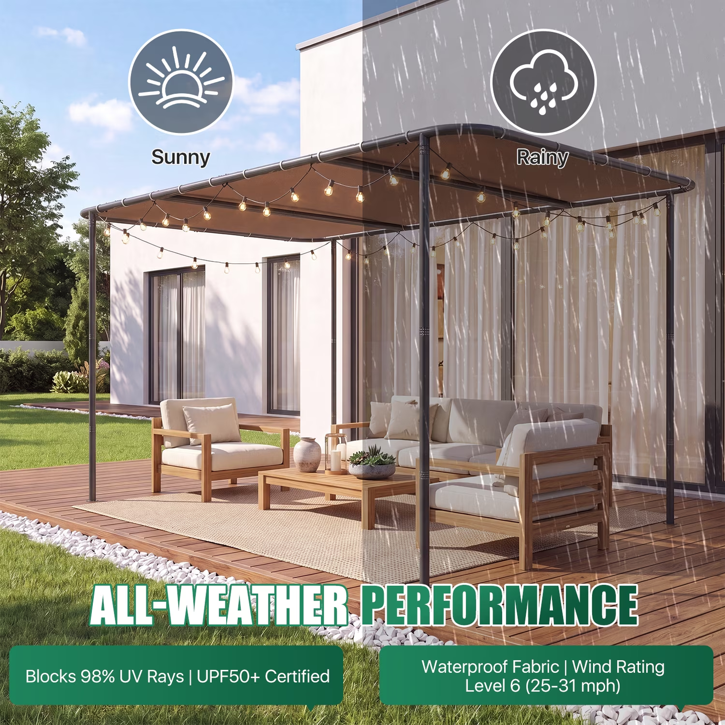Clouddwell 8×10 FT Wall-Mounted Sloped Roof Outdoor Pergola Canopy, Water-Resistant & UV-Resistant Metal Patio Gazebo for Backyard Garden Porch in Khaki
