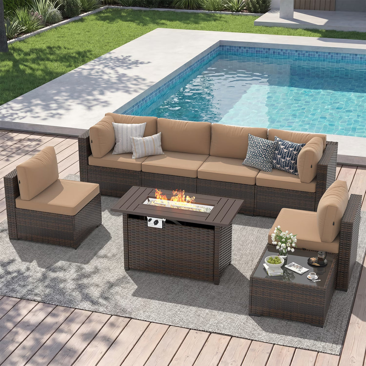 Sunmthink 8-Piece Outdoor Patio Furniture, Patio Furniture Sets with Fire Pit, Wicker Outdoor Conversation Set and Waterproof Cover
