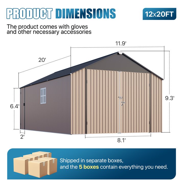 Clouddwell 12 x 20FT Shed Outdoor Storage Shed with Double Hinged Large Door, Extra Large Metal Shed with Lockable Door & Sloped Roof for Garden, Backyard, Patio and Backyard, Brown