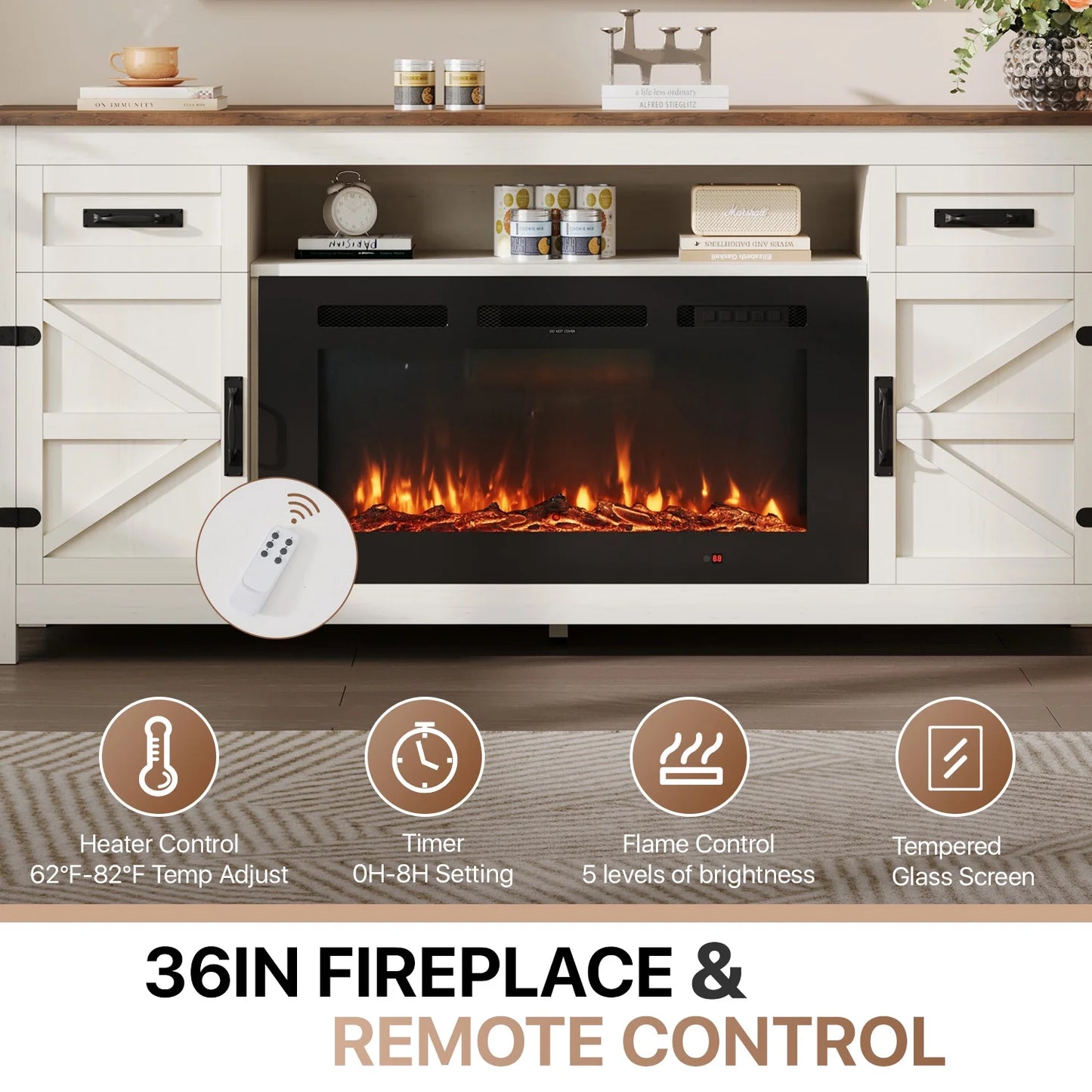 Sonegra 70" Fireplace TV Stand, Entertainment Center for TVs Up to 80”, TV Console with Storage Cabinets, Media Console for Living Room, White TV Stand and Black Fireplace