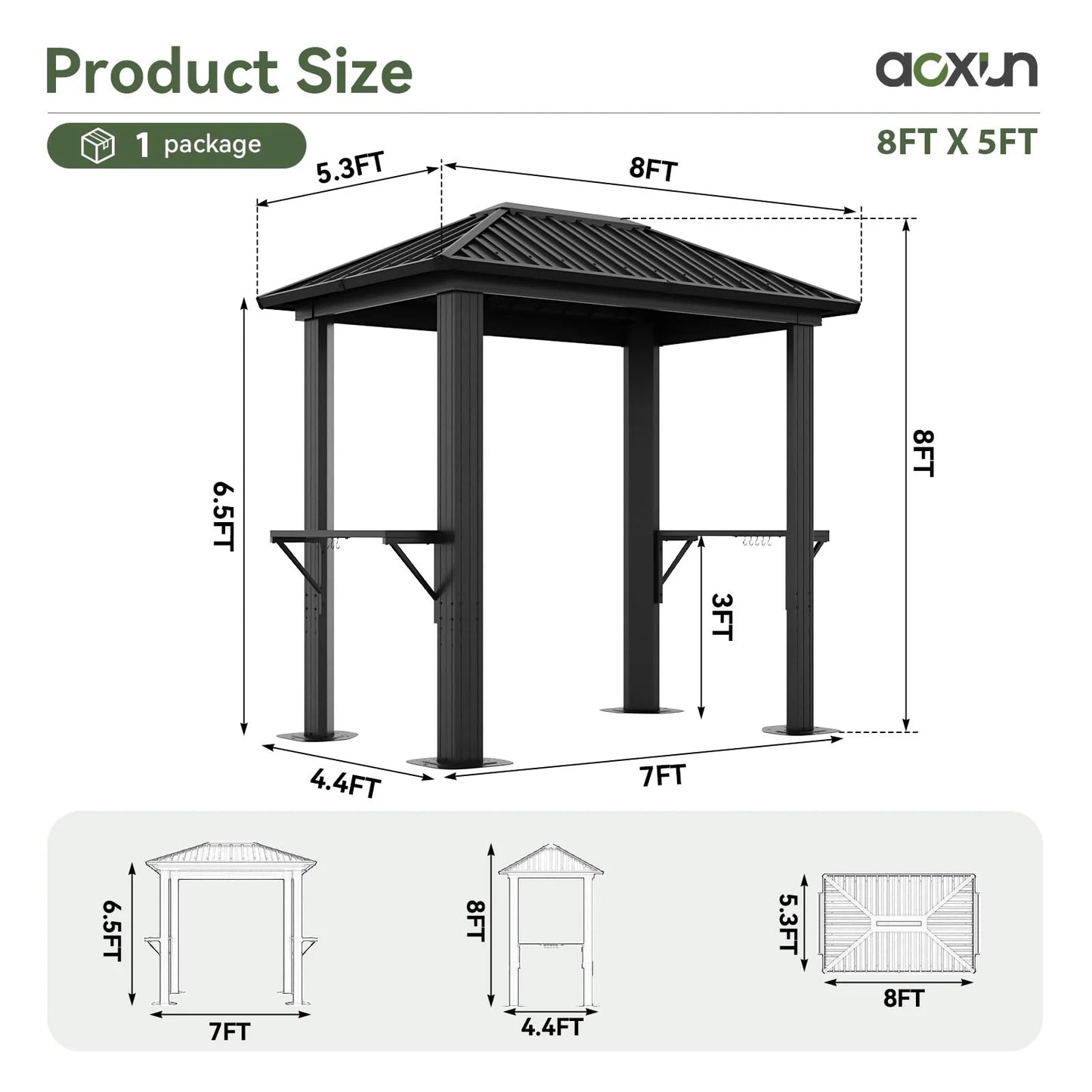 Aoxun Grill Hardtop Gazebo 5 x 8 FT, Outdoor Metal Hard Top Gazebo, Permanent BBQ Gazebo with Galvanized Steel Roof, Aluminum Pavilion with Shelves for Lawn, Garden, Patio, Backyard
