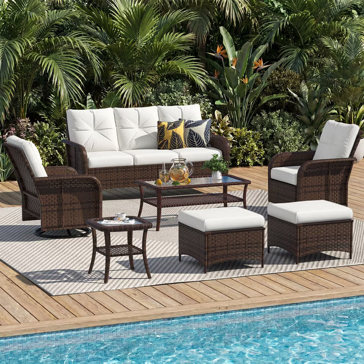 Dateyes 7-Piece Patio Furniture Set, High Back Swivel Rocker Chairs with Thick Cushions, Wicker Rattan Outdoor Sectional Sofa with Coffee Table, Beige