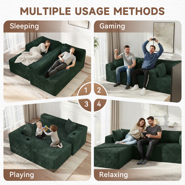 Sunmthink Cloud Couch Corduroy Modular Sectional Sofa L-Shape Boneless Couch with Wide Armrests and Cup Holders for Living Room Bedroom, No Assembly Required (Black)