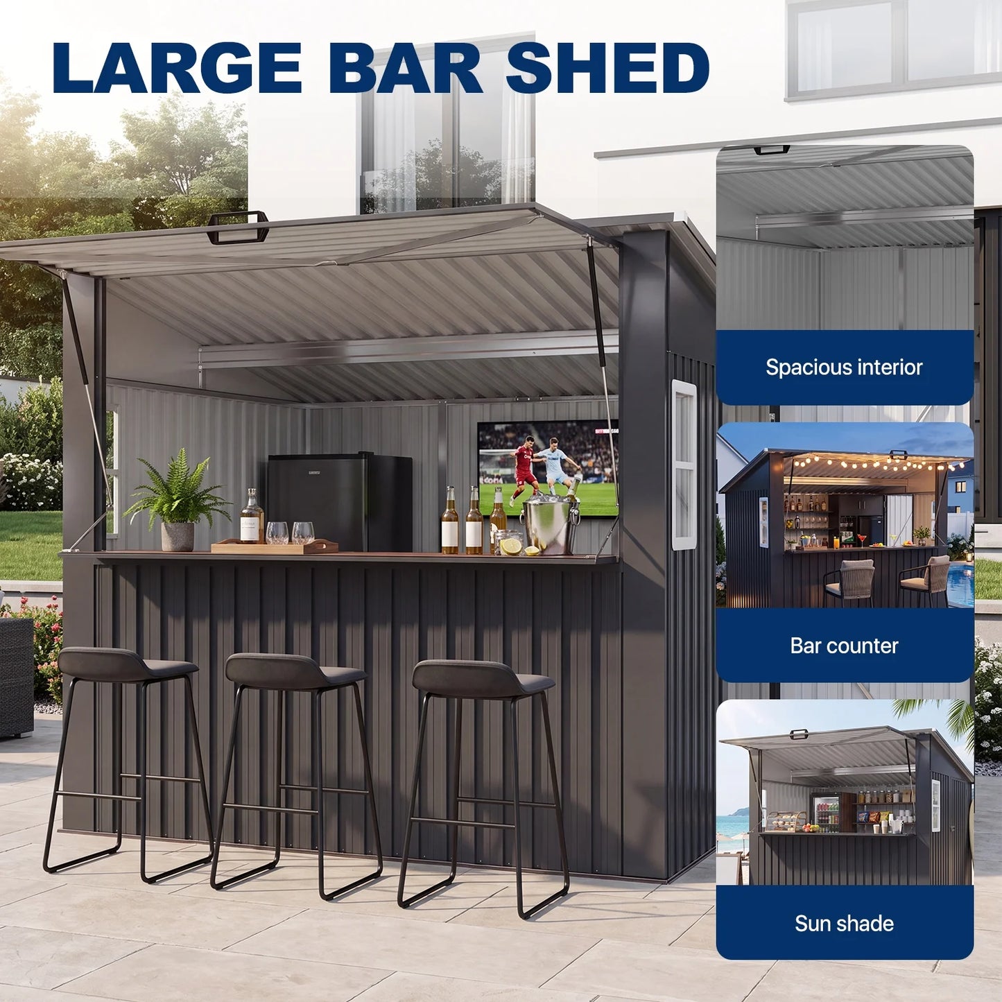 Clouddwell 8'x7' Outdoor Bar Shed with Fold-Down Counter, Metal Storage Shed with 2 Windows, TV Mount, Canopy, Outside Bar for Backyard, Patio, Beach, Commercial, Black
