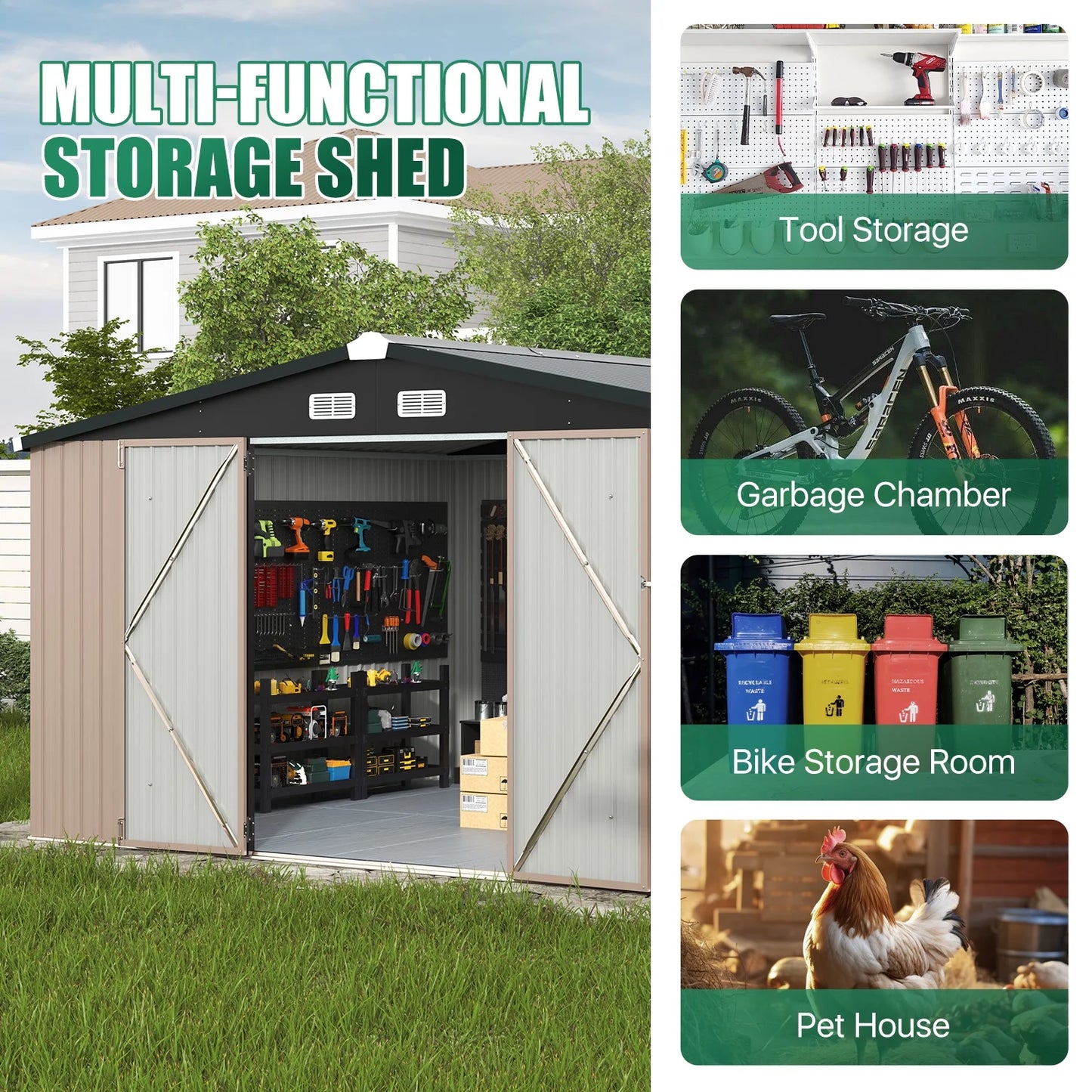 Clouddwell 11.5x9.4ft Galvanized Steel Storage Shed with Floor & Double Doors - Brown