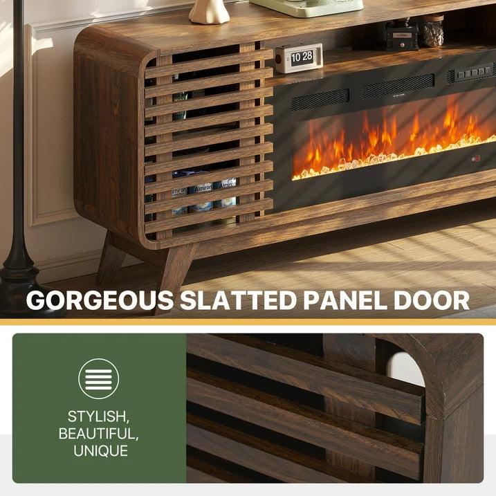 Sonegra Fireplace TV Stand with 36" Electric Fireplace, Mid Century Modern Entertainment Center with Led Lights for 80” TVs , Wood Media Console with Slatted Sliding Doors, for Living Room