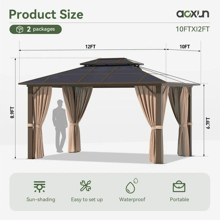 Aoxun 10 ft. x 12 ft. Hardtop Gazebo, Double Polycarbonate Roof Aluminum Frame Gazebo W/Curtain and Netting, Brown